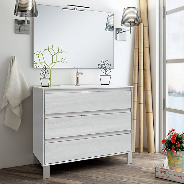 Ensemble meuble de salle de bain 100cm simple vasque   colonne de rangement TIRIS - hibernian (bois blanchi)