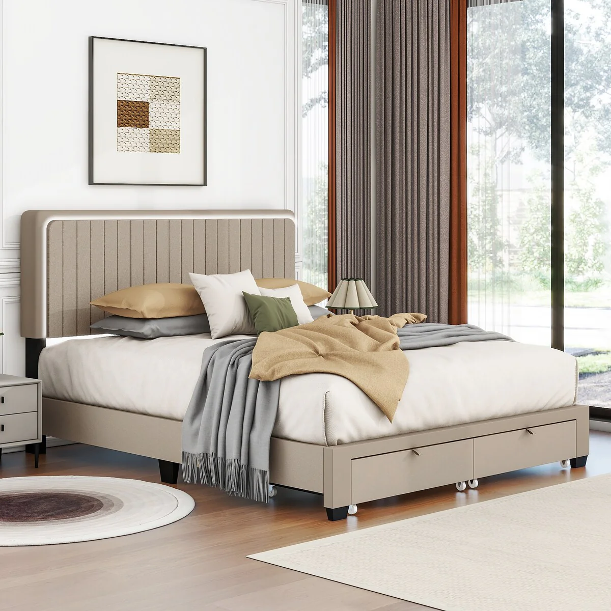 Queen Size Upholstered Bed With Adjustable Height, Led Design With Footboard Drawers Storage, No Box Spring Required