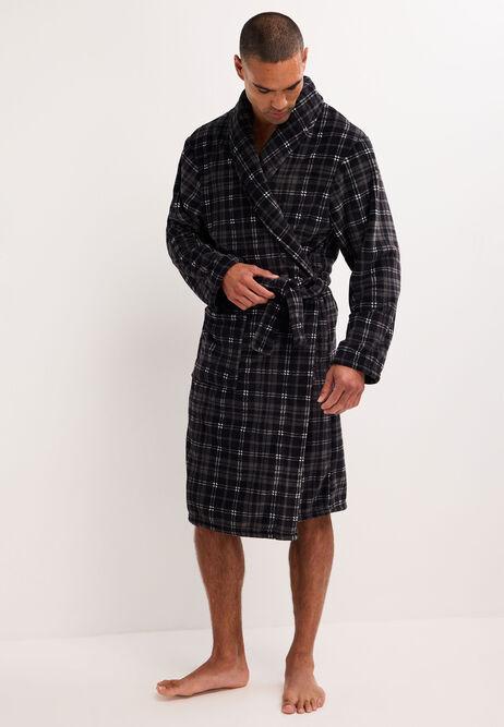 Mens Black Check Shawl Collar Dressing Gown