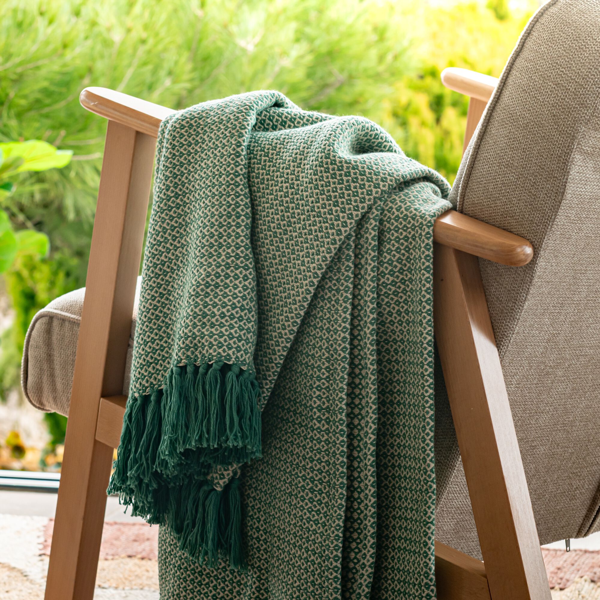 PARA - Plaid à franges et motif en coton - vert 130X170cm
