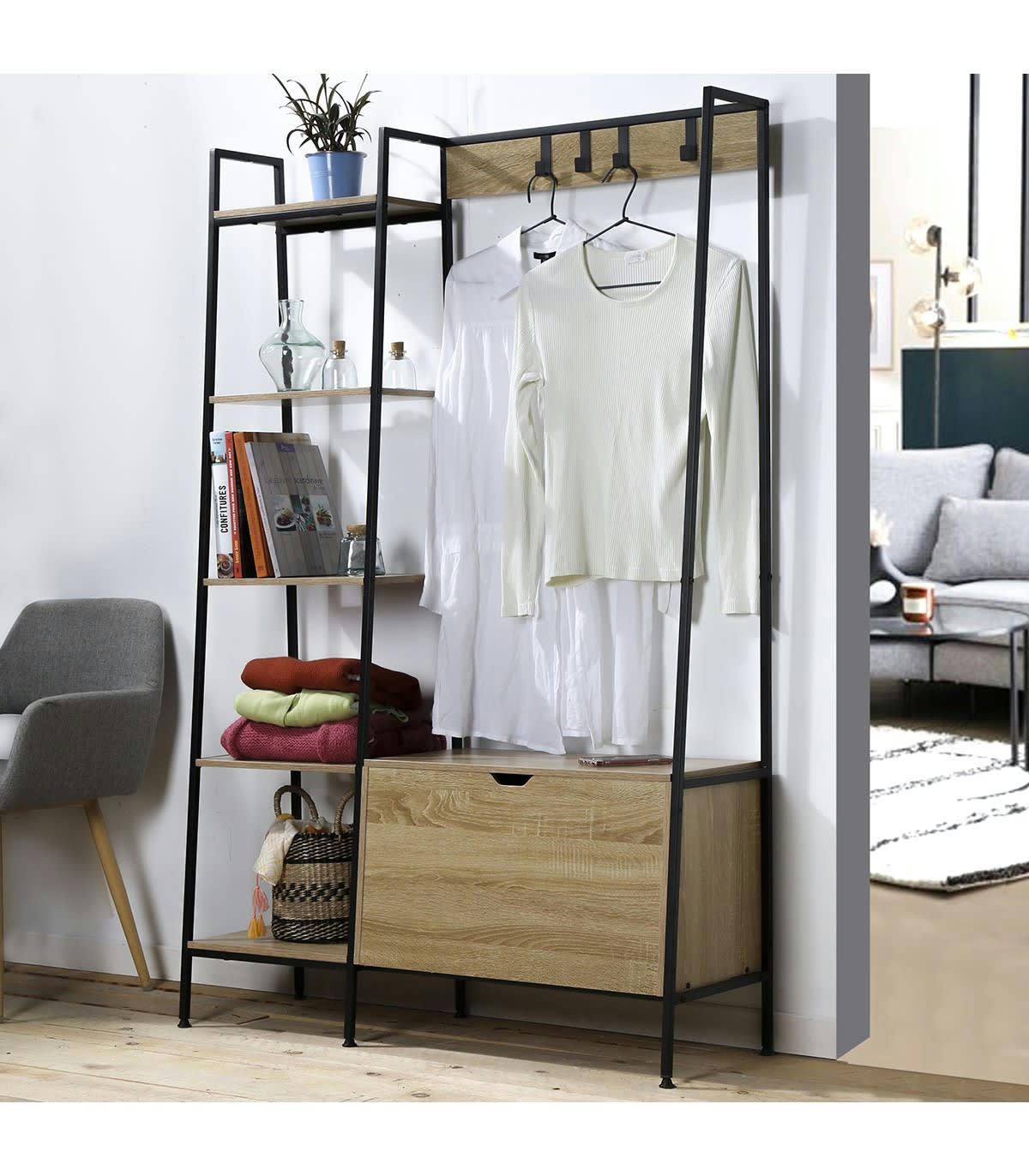 - Penderie 4 Crochets 5 Étagères avec Coffre à Chaussures - Marron