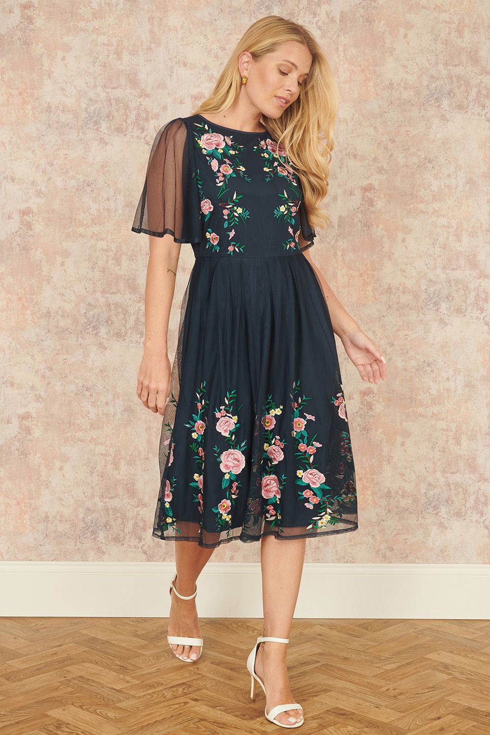 Yumi Navy Embroidered Short Mesh Sleeve Prom Skater Dress