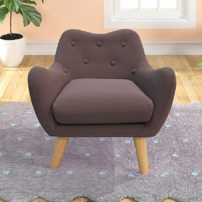 Microfibres fabric upholstered child accent armchair with wooden legs, kids sofa