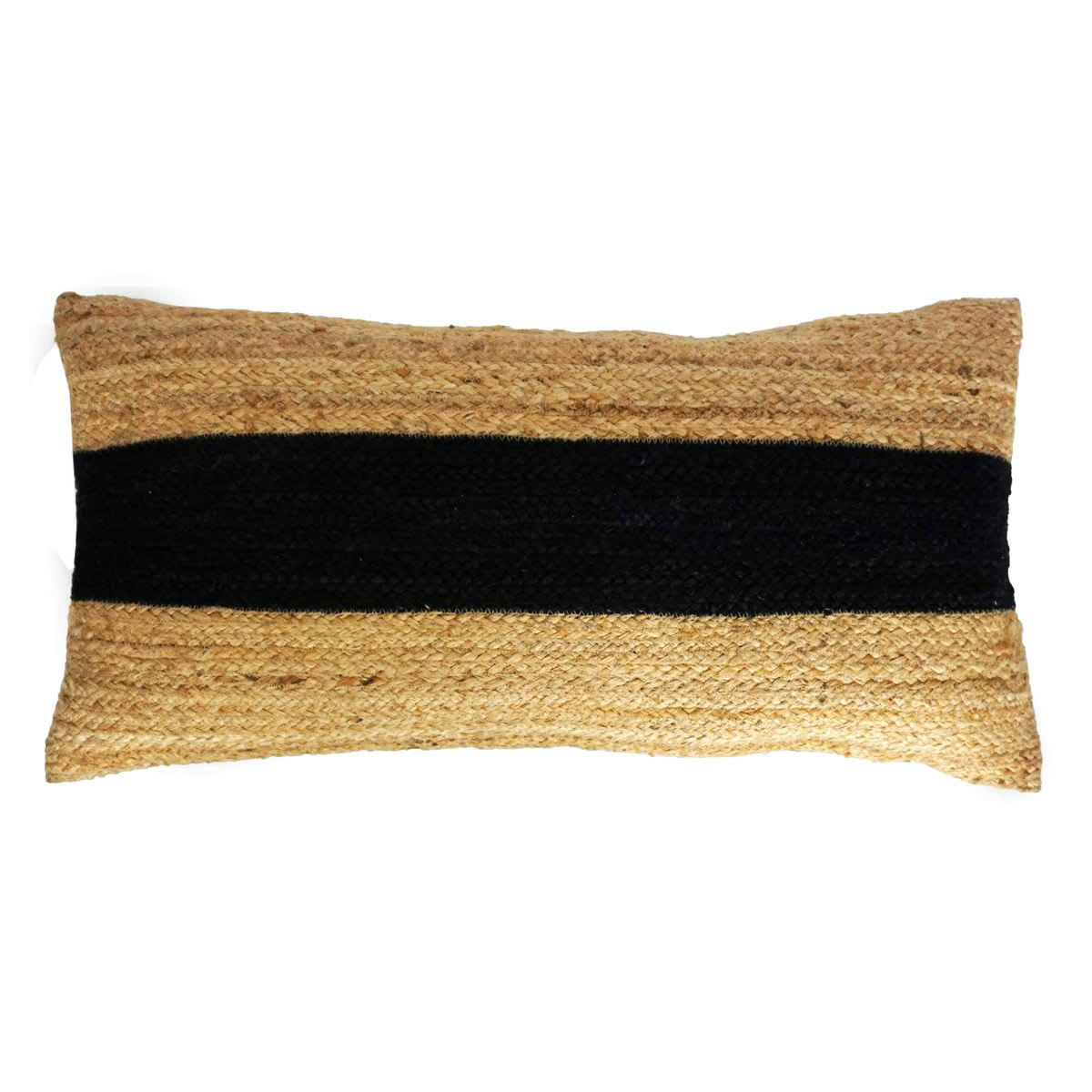 TAMAN - Coussin XL rectangulaire en jonc de mer et bande noire 81 x 40 cm