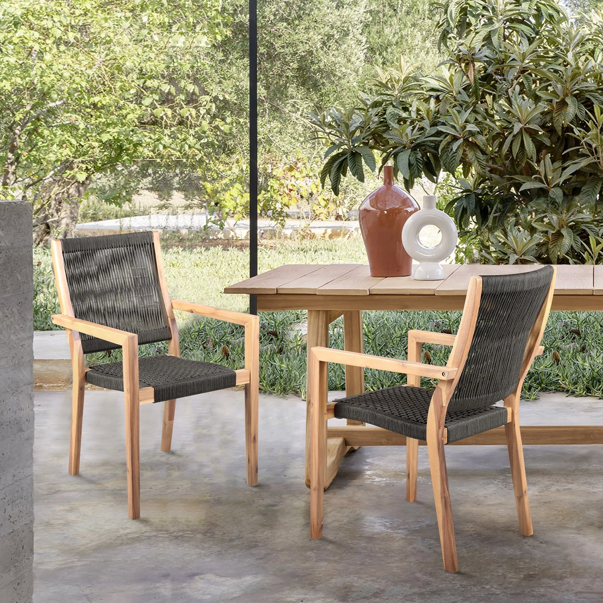 Madsen Solid Wood and Rope Outdoor Dining Chairs - Set of 2
