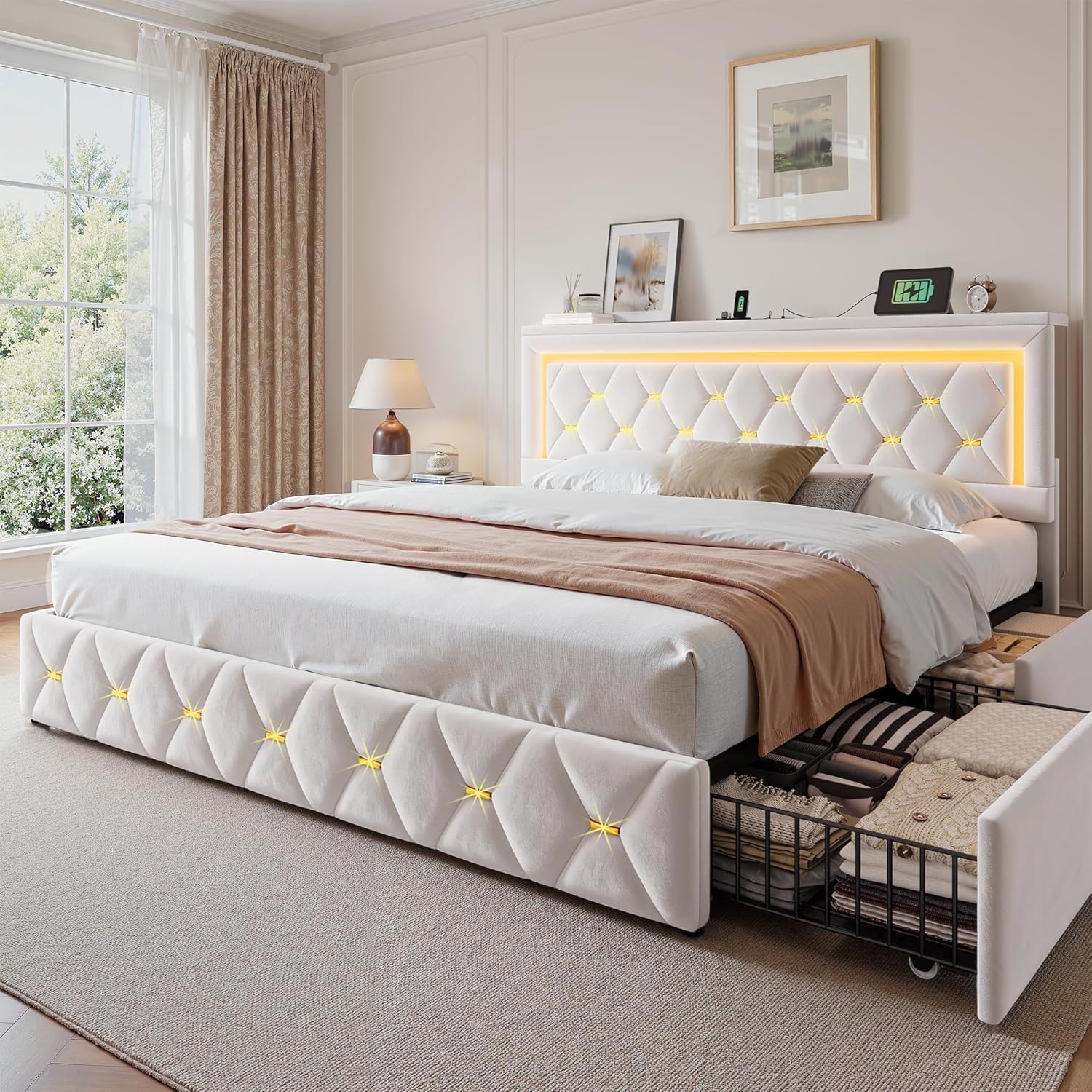 King Size Bed Frame with 4 Storage Drawers & LED Lights, Velvet Bed Frame with Charging Station, Wooden Slats, No Box Spring Needed, Beige