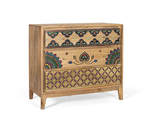 Commode en bois de manguier massif avec détails peints à la main