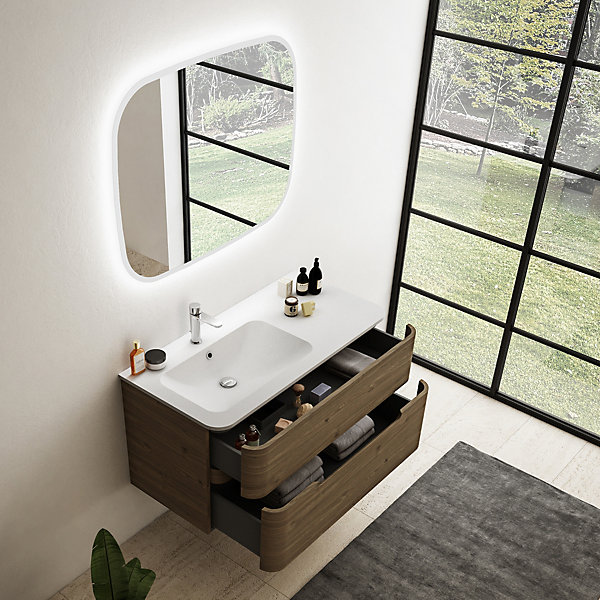 Ensemble salle de bains L. 104 cm meuble sous vasque décor noyer   plan vasque à gauche blanc mat Alba