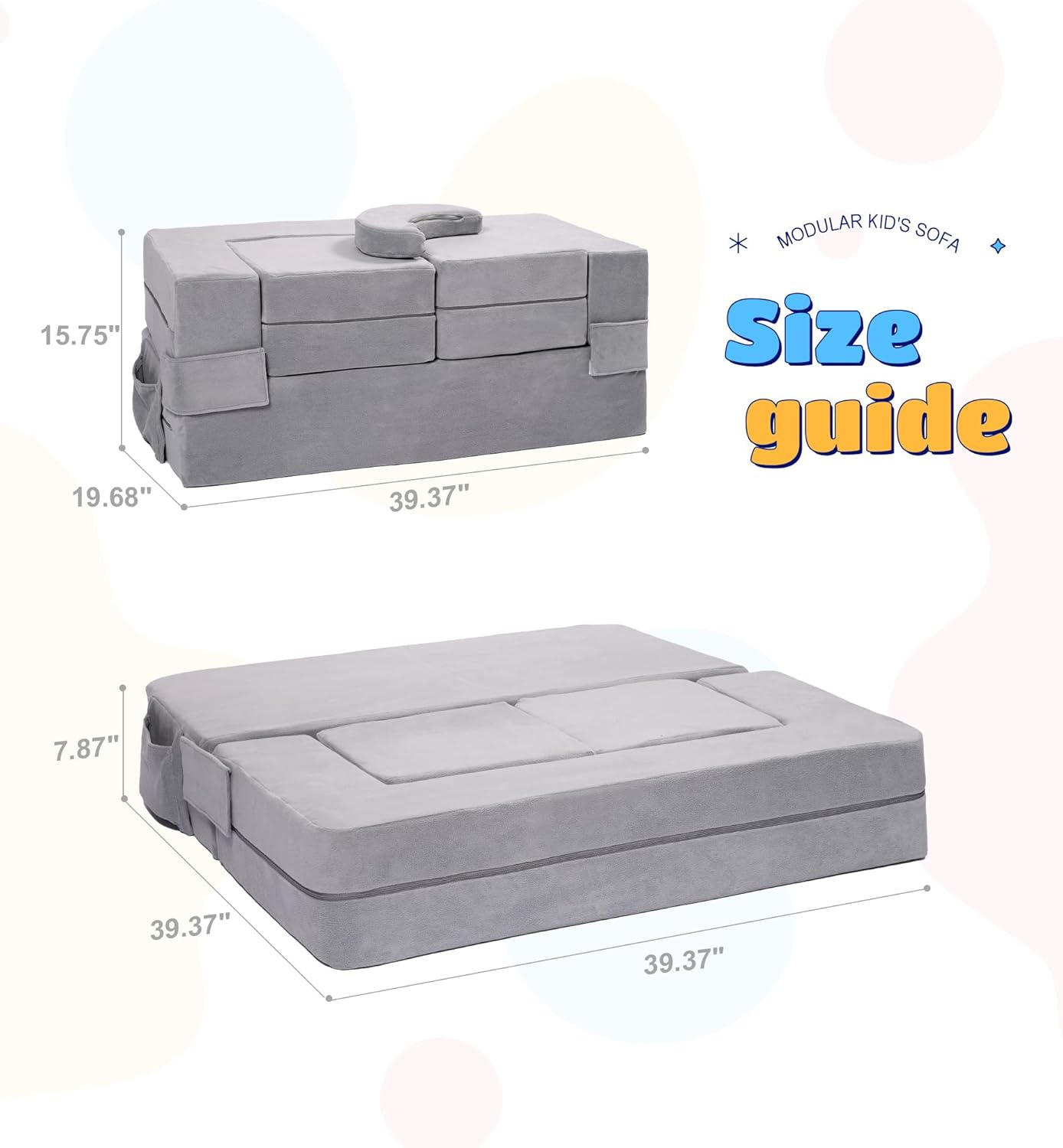 Elftopia Modular Kids Sofa,Toddler Couch Foam Armchair for Kids, Children Convertible Plush Sofa Play Set,Fold Out SofaBed(Grey)