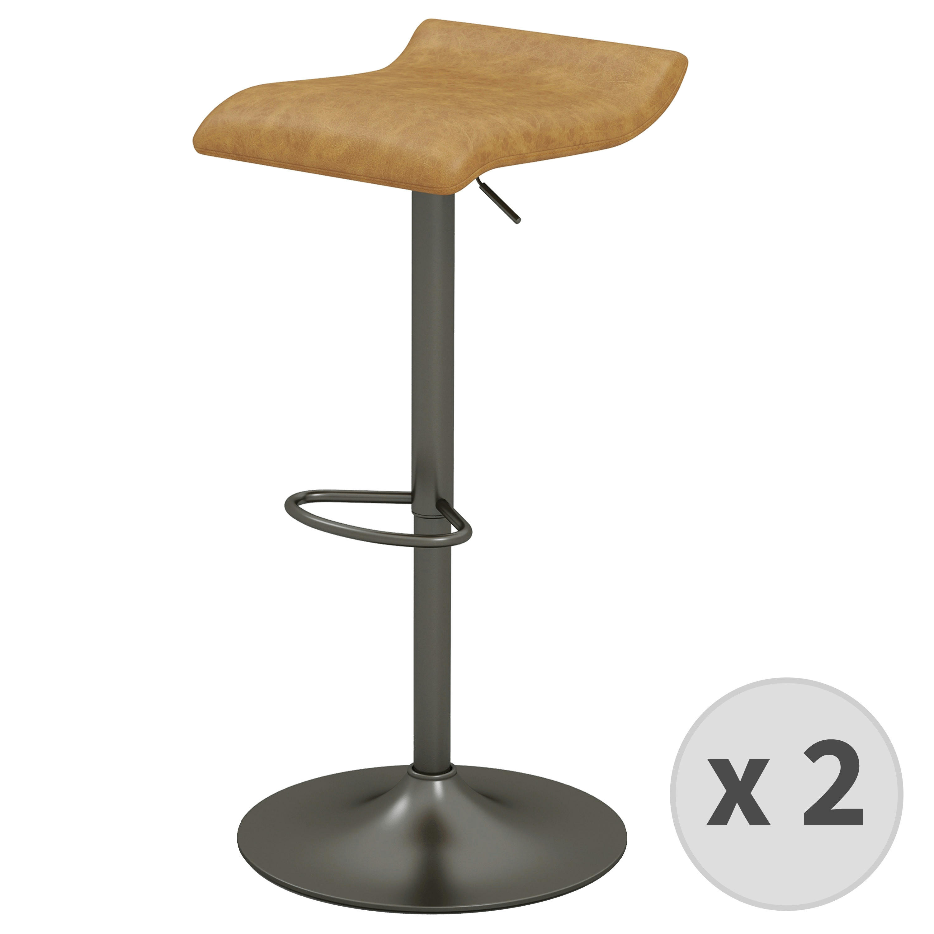 LEO - Tabouret de bar en cuir synthétique Camel et pieds bronze (x2)