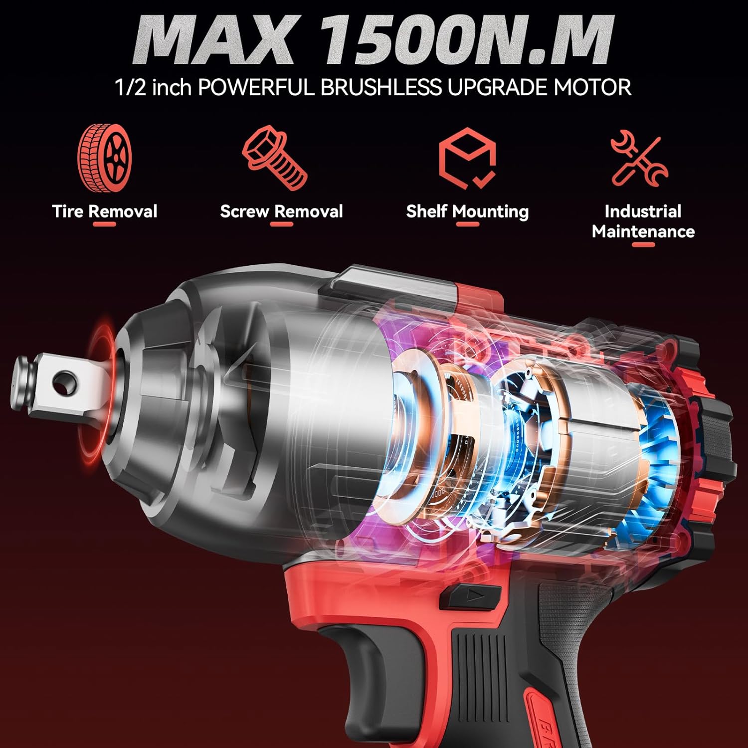 Cordless Impact Wrench 1107Ft-lbs(1500N.m), Brushless High Torque 1/2 Impact Gun with 21V 2x4.0Ah Battery, 3-Mode Speed, Electric Impact Driver with 4 Socket for Home Car Pickup Truck RV Mower