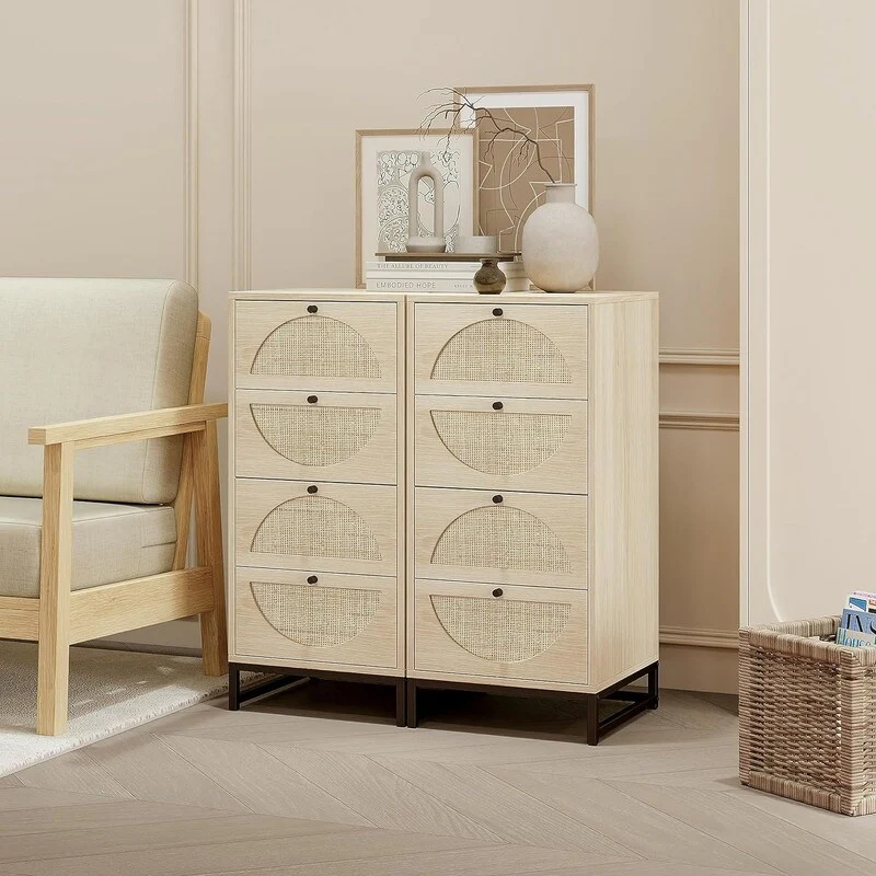 Grondin Bohemian Style 4 Semi-Circle Rattan Drawers Dresser, Chest of Drawers, 4 Drawers Storage Cabinet Side Table