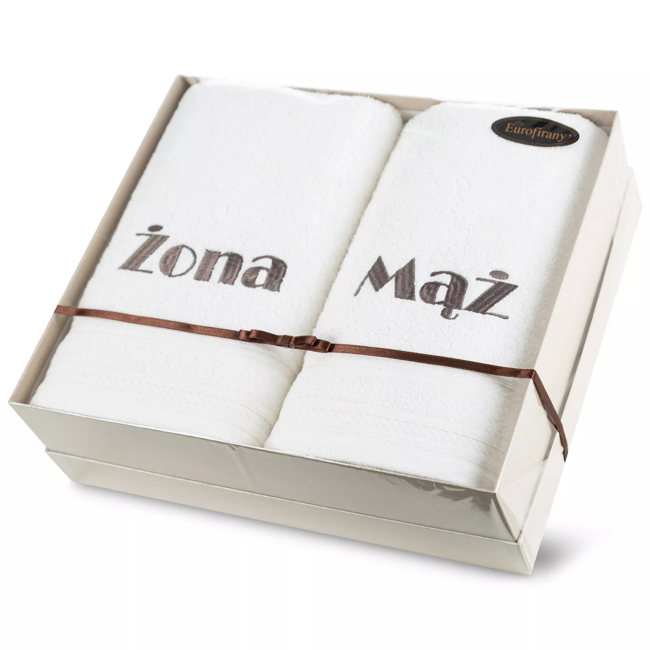 Zestaw ręczników bawełnianych na prezent 2 szt 70x140 cm kolor kremowy z haftem ŻONA i MĄŻ