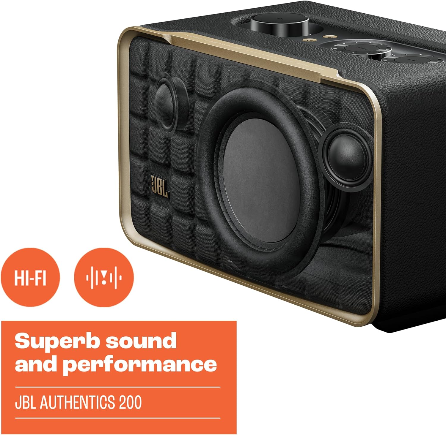 JBL Authentics 200 - Retro Style Smart Home Speaker with Built in Wi-Fi  Bluetooth and Voice Assistants  Alexa and Google Assistant  Multi-Room Playback  Automatic self tuning (Black/Gold)