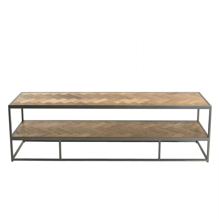 CLEMENCE - Meuble TV 2 niveaux en teck naturel et métal