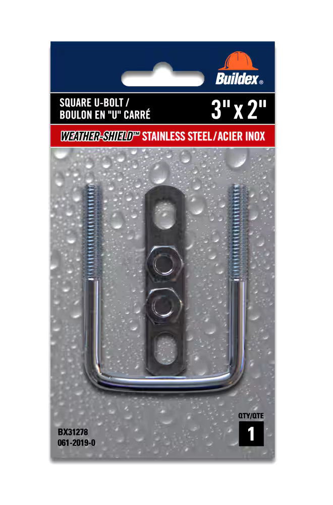 Buildex Square U Bolt, Stainless Steel, For All Weather, 3 x 2-in