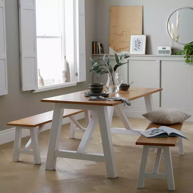 Habitat Burford White Dining Table & 2 White Benches