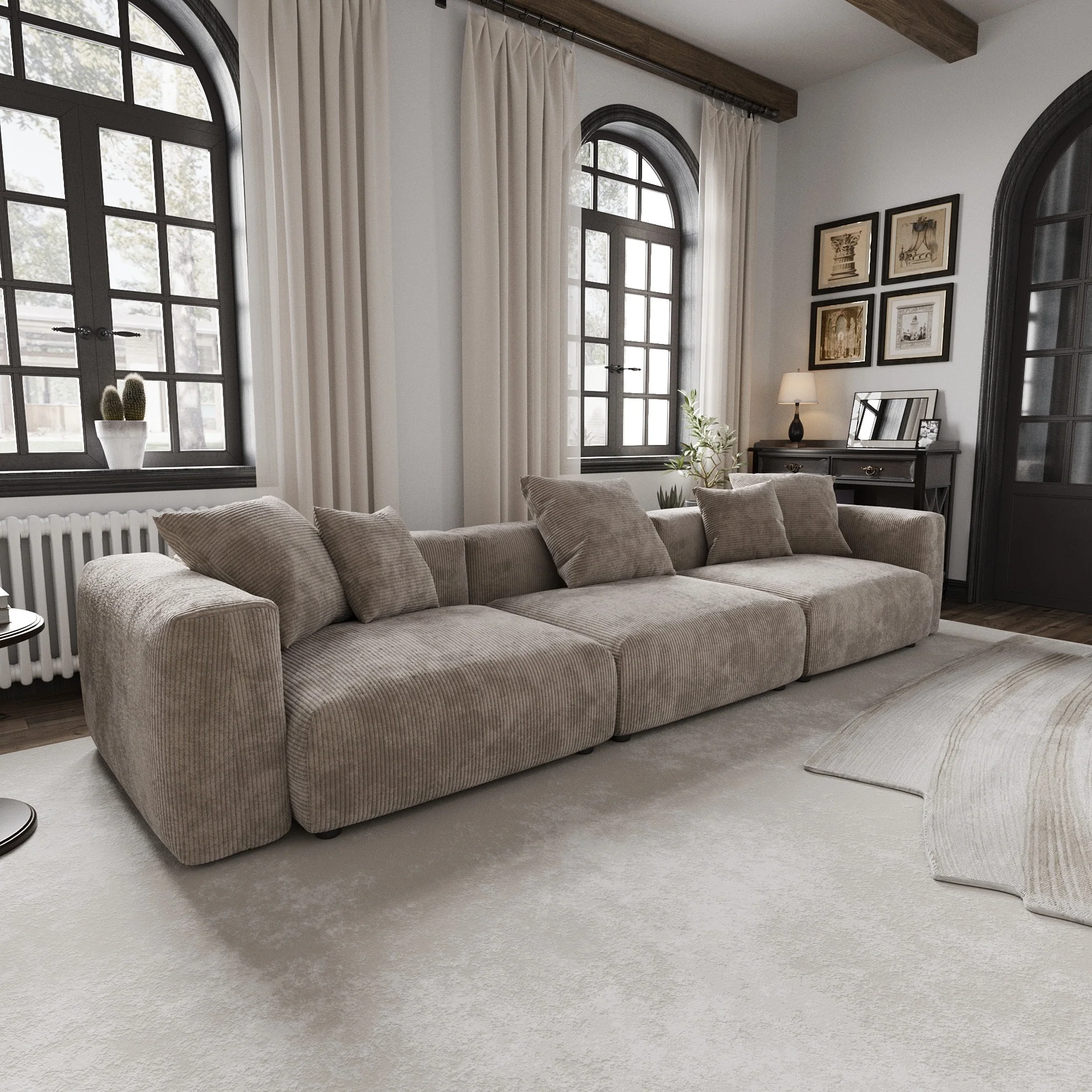 Large Modern Corduroy Fabric 3 Seats Sectional Sofa