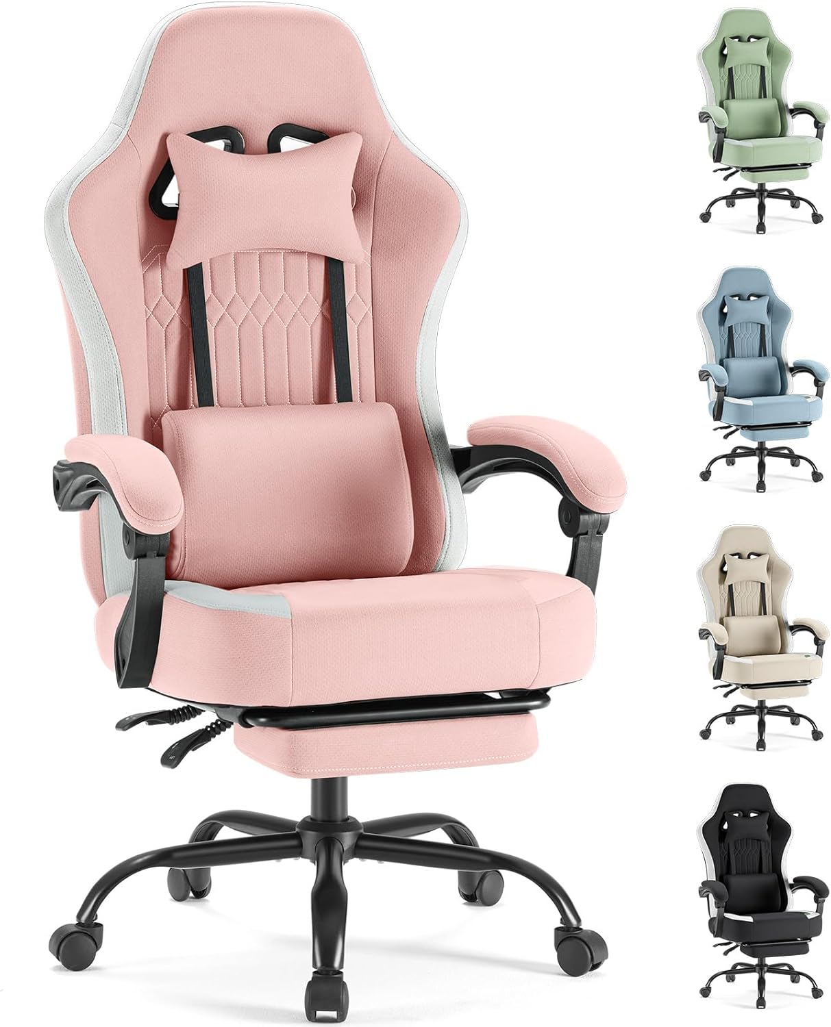 Sweetcrispy Video Gaming Chair - Ergonomic Desk Chair with Footrest and Lumbar Support, Height Adjustable High Back Task Chair with Linkage Armrests and Headrest, 360° Wheels, Pink