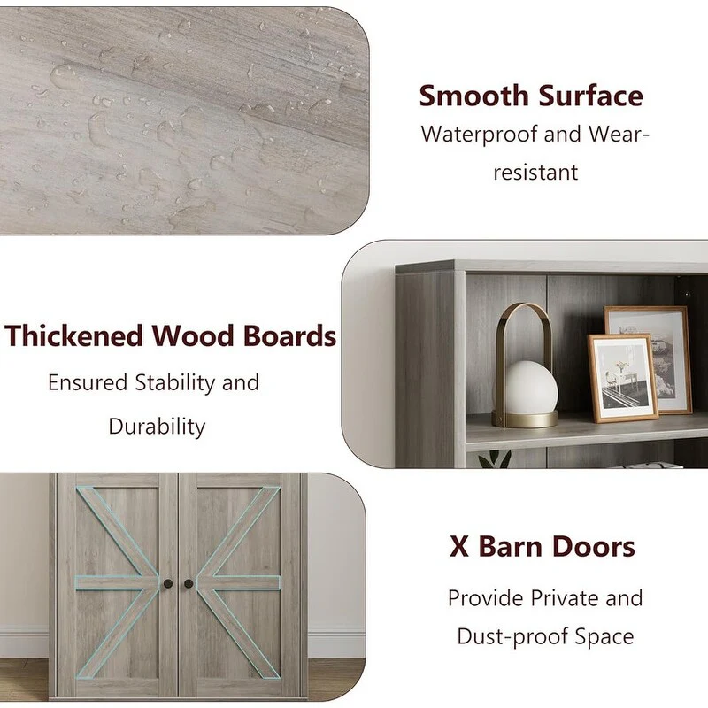 Farmhouse Bookcase with Doors,Display Storage Shelves Industrial Bookcases Wooden 6 Shelf