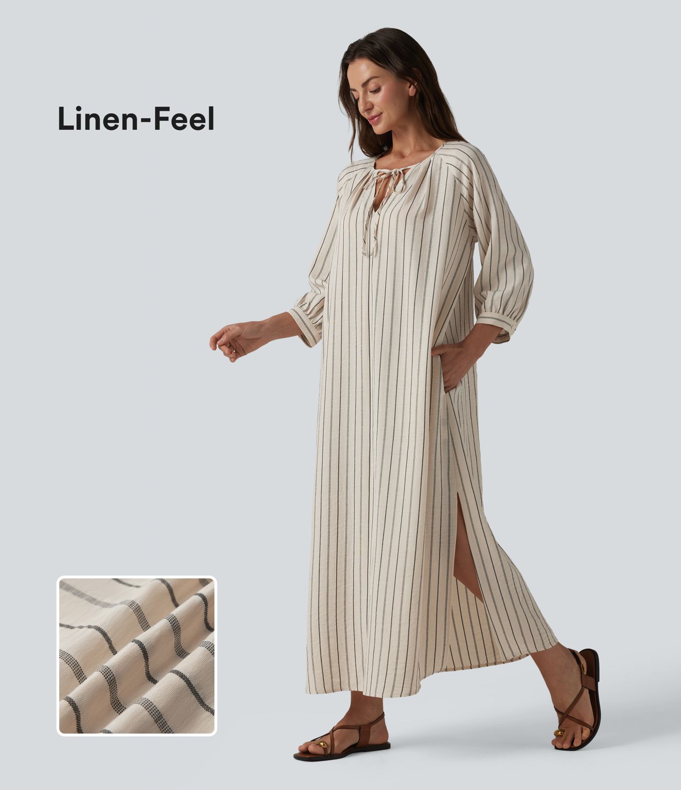 Robe midi casual à rayures aspect lin col V avec nœud, manches 3/4 fendues et poches