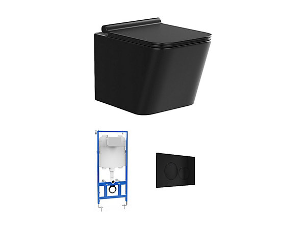 Pack WC suspendu en céramique noir mat avec option bâti-support et plaque de déclenchement ronde - CLEMONA