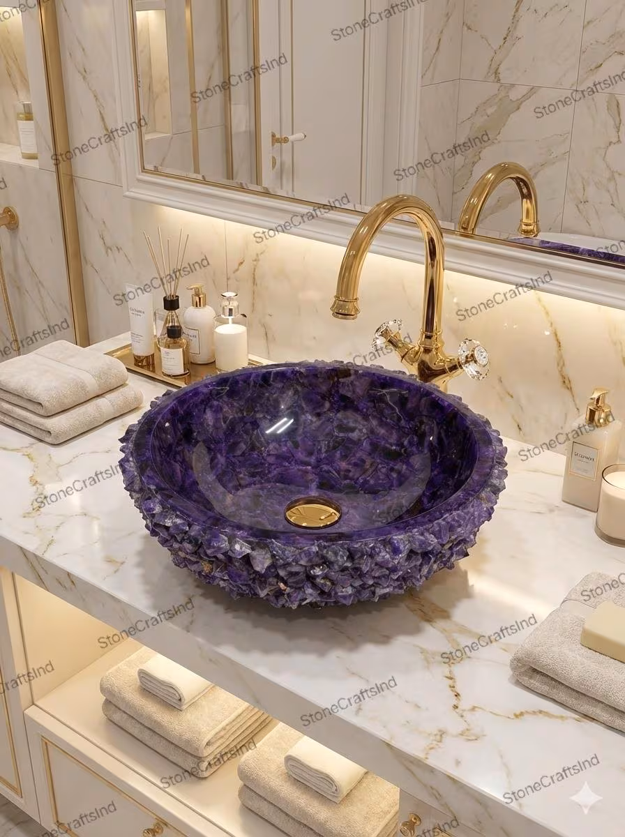 Amethyst Rock Stone Vessel Sink: Handmade Sink for Luxury Spa & Bathroom Wash Basin