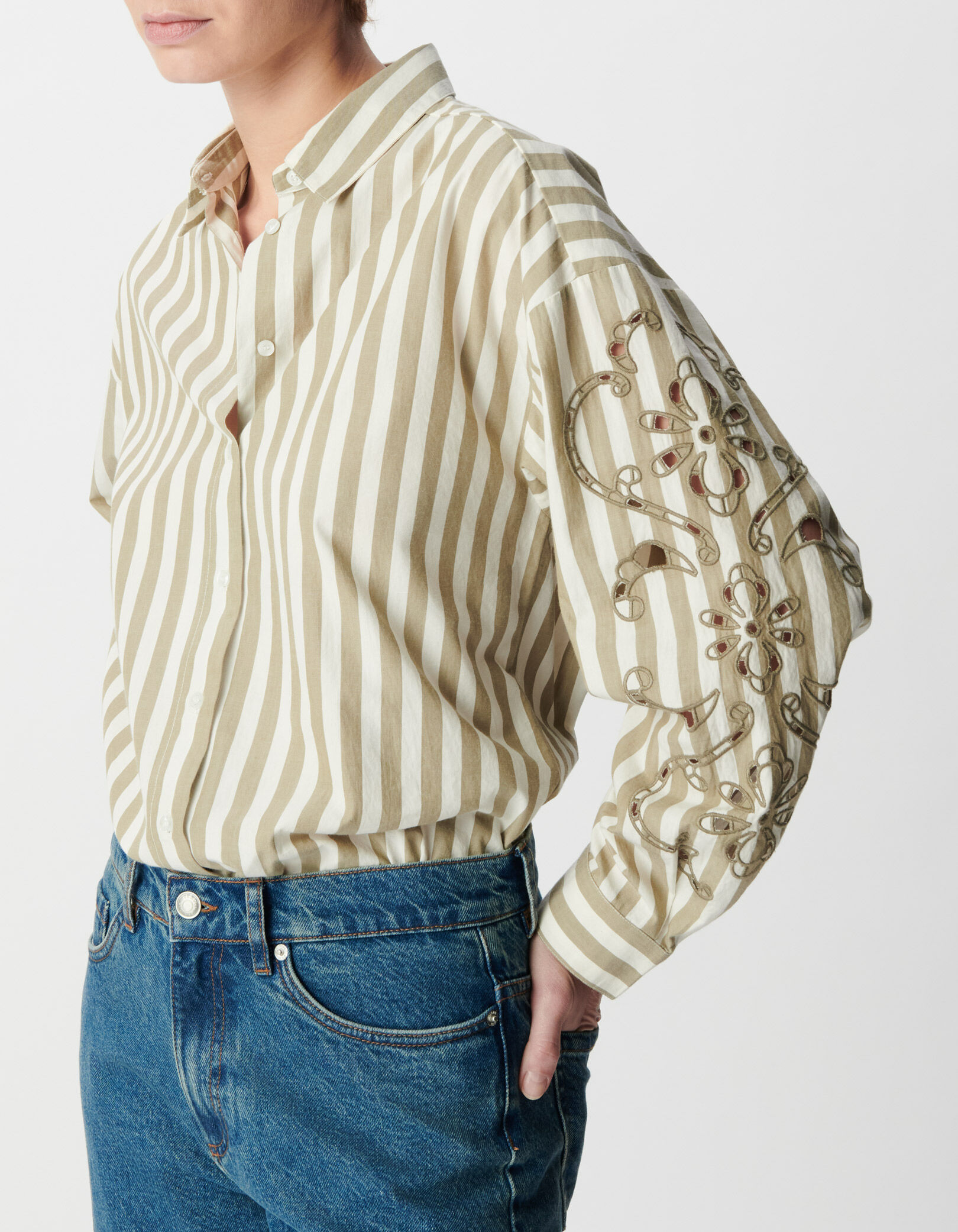 Chemise à rayures kaki broderies ajourées manches Femme