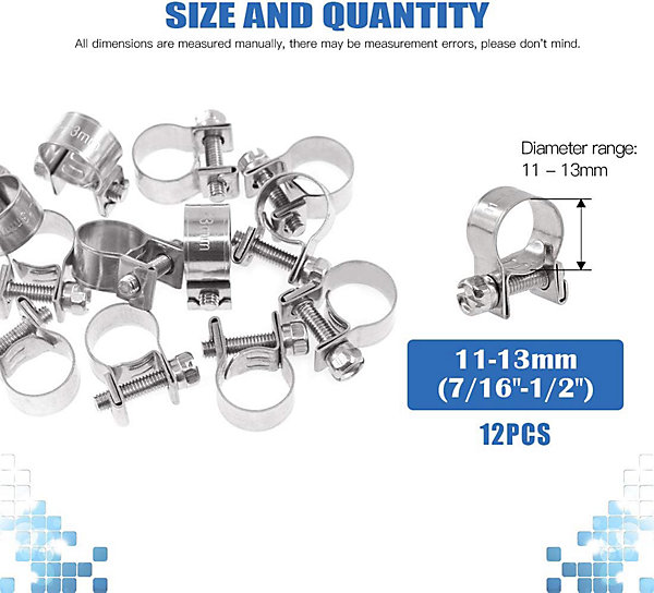 CODEKEY Lot de 12 mini colliers de serrage réglables en acier inoxydable de 11 à 13 mm pour tuyau d'injection de carburant (7/40,6