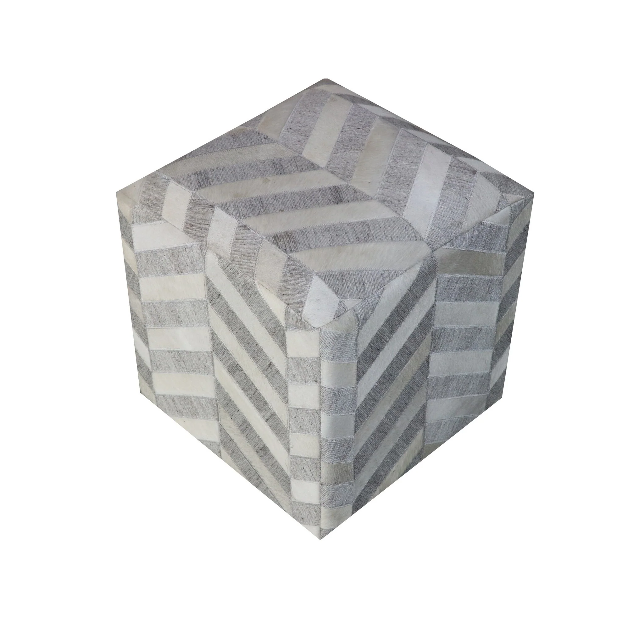 18 Gray and Ivory Hair on Hide Cube Chevron Pouf Ottoman
