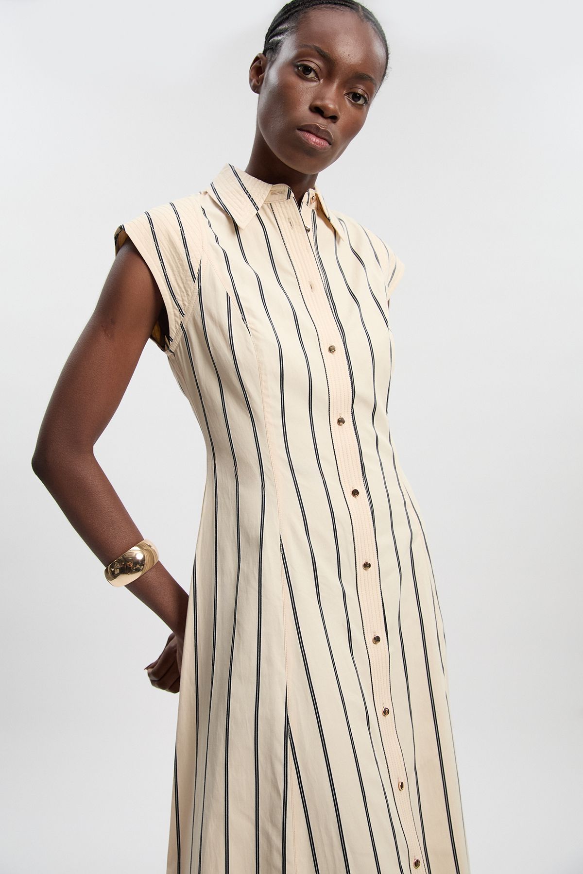 KarenMillen Mono Stripe Cotton Top Stitch Woven Midi Shirt Dress
