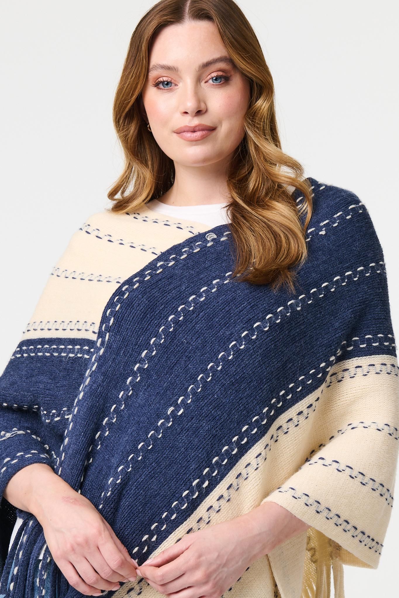 Izabel London Striped Tassel Trim Oversized Poncho