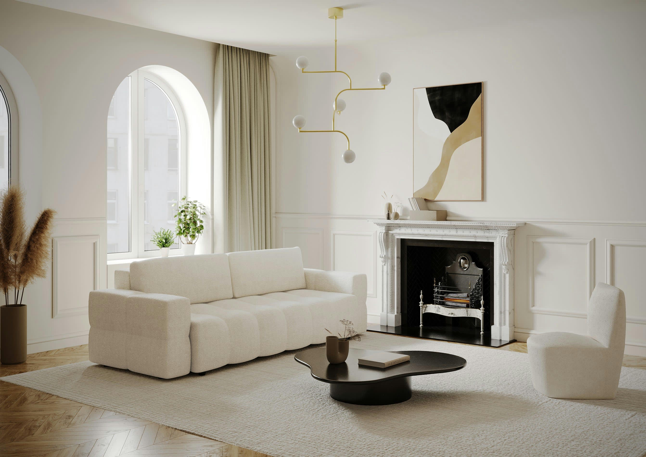 GABRIEL - Canapé 4 places convertible coffre noyer tissu bouclette crème