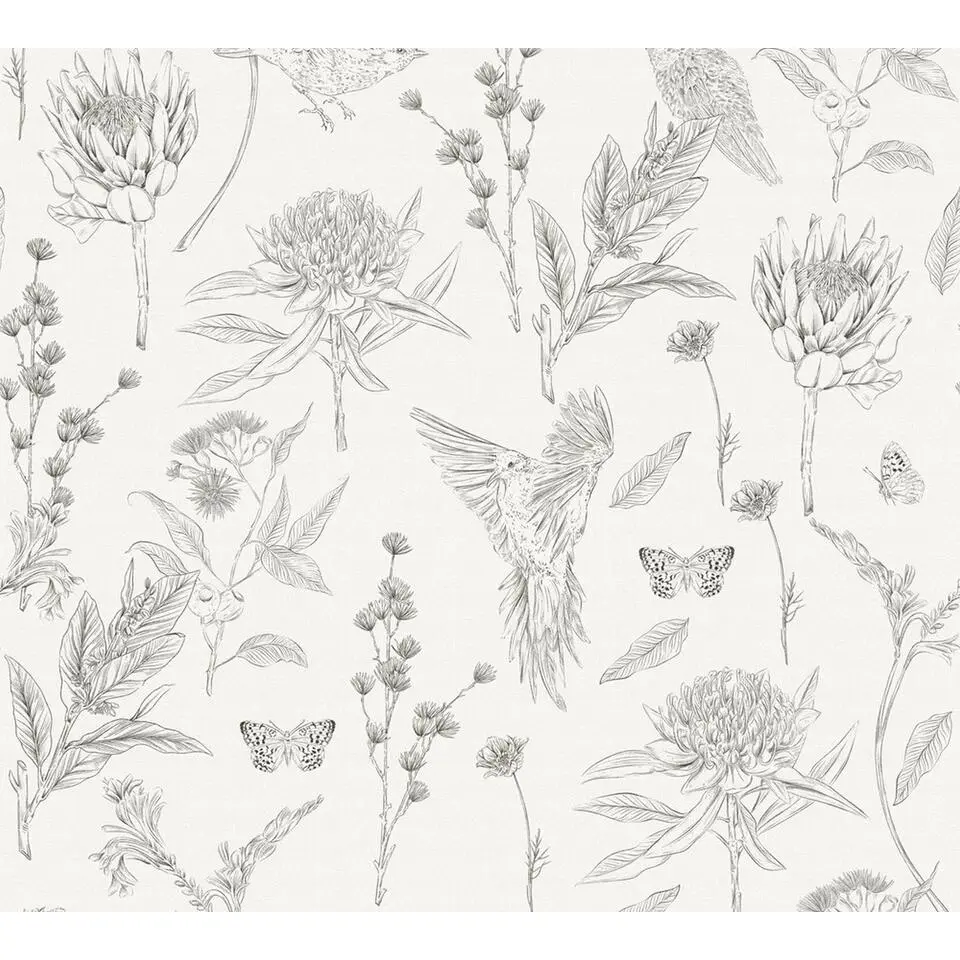 Livingwalls behang bloemen wit en zwart - 53 cm x 10.05 m