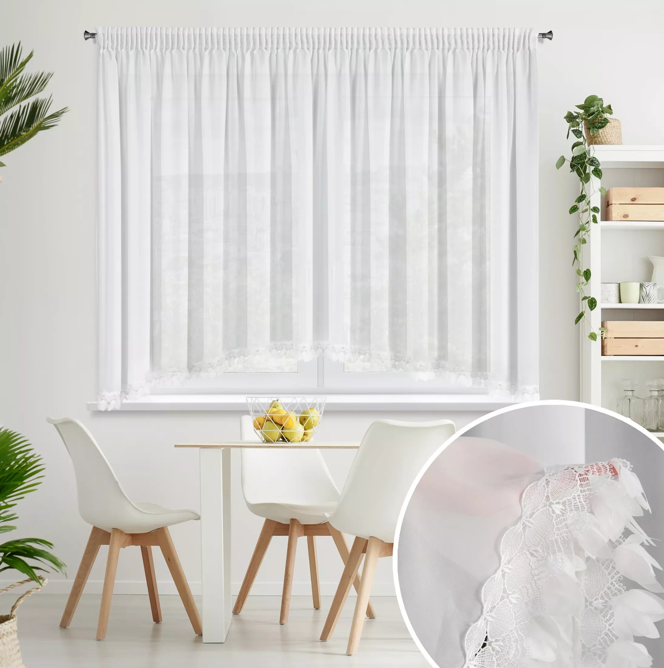 Firana typu łuk biała z szyfonu zdobiona aplikacją 400x160 cm taśma- LORETA