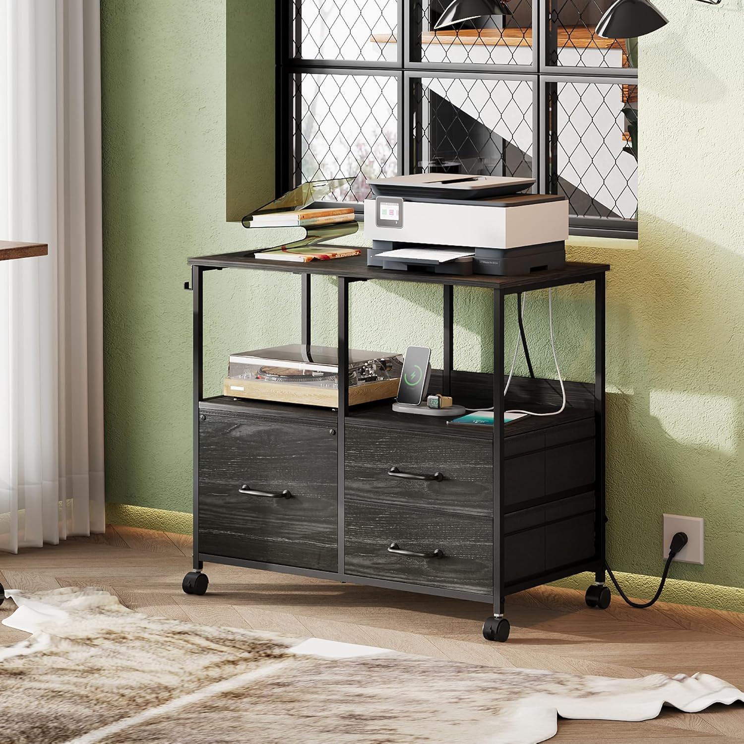 DEVAISE 3 Drawer File Cabinet with Charging Station, Rolling Printer Stand for Office Storage, Mobile Filing Cabinet fits Under Desk Storage, Charcoal Black Wood Grain Print
