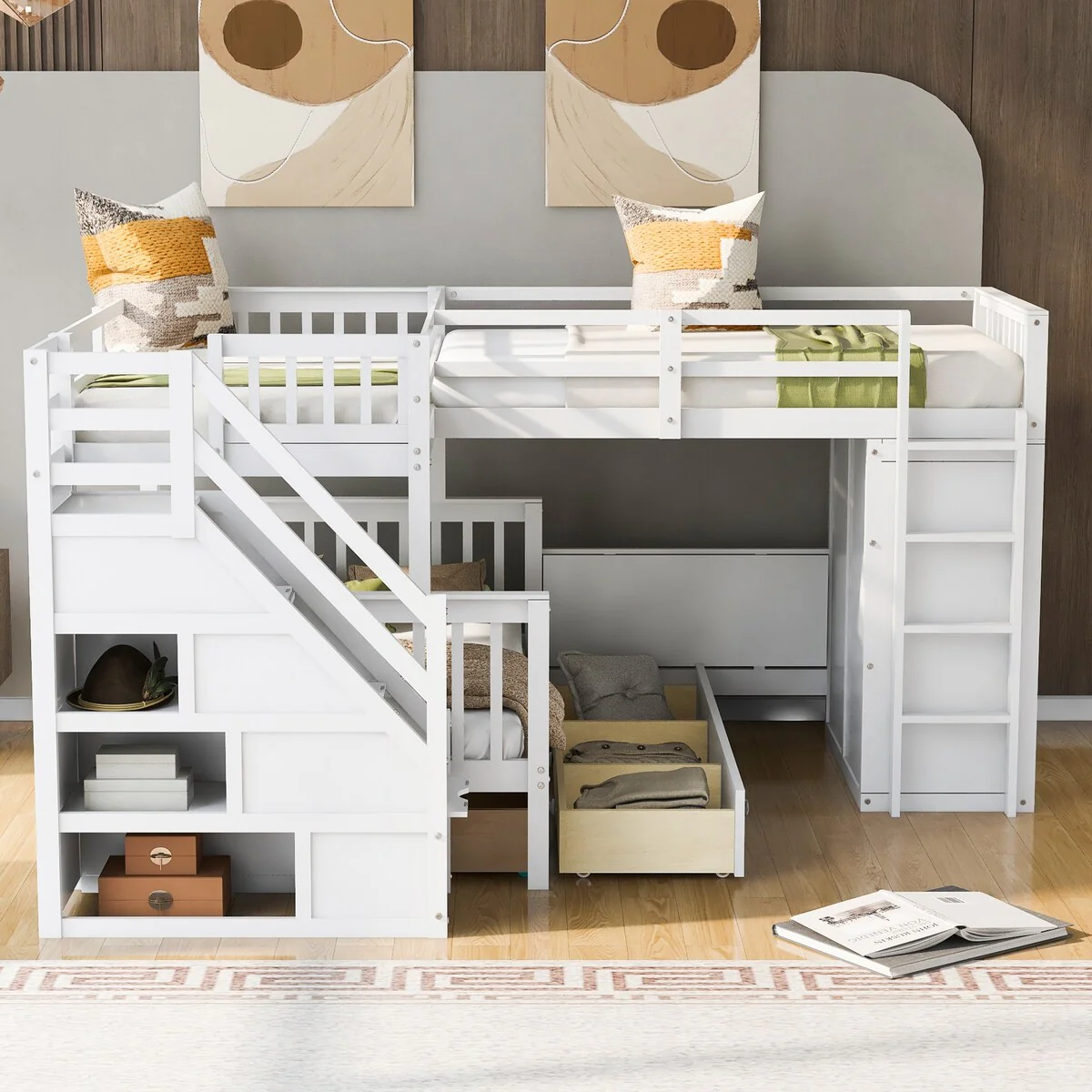 L-Shaped Bunk Bed With 3 Drawers, Portable Desk and Wardrobe