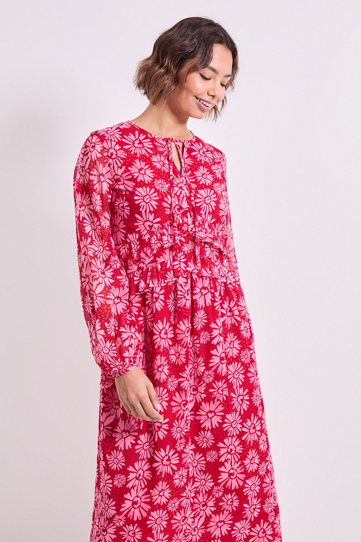 Dorothy Perkins Pink Daisy Tie Neck Frill Detail Trapeze Printed Midi Dress