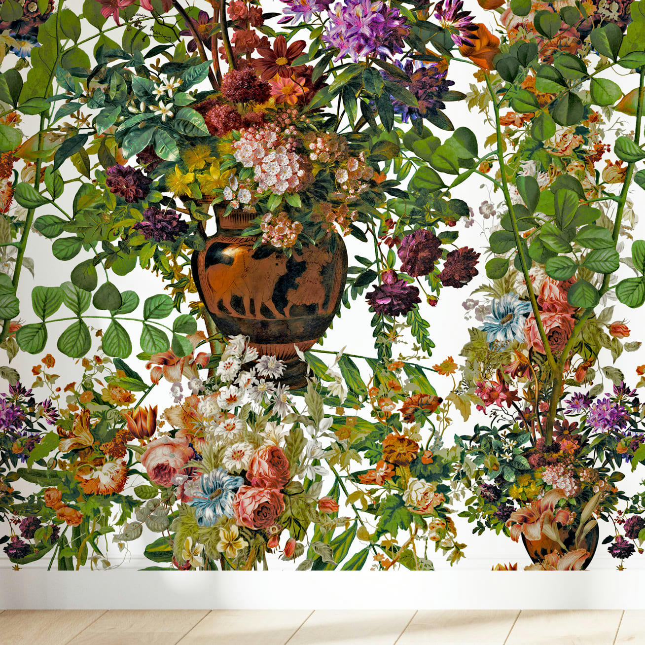 - Papier peint motifs fleurs feuillage blanc  425x260cm