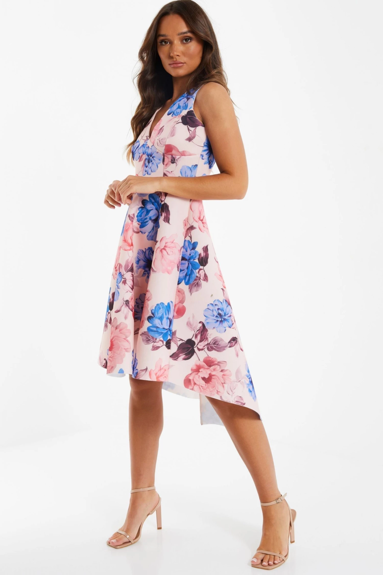 Quiz Pink & Blue Floral Dip Hem Dress