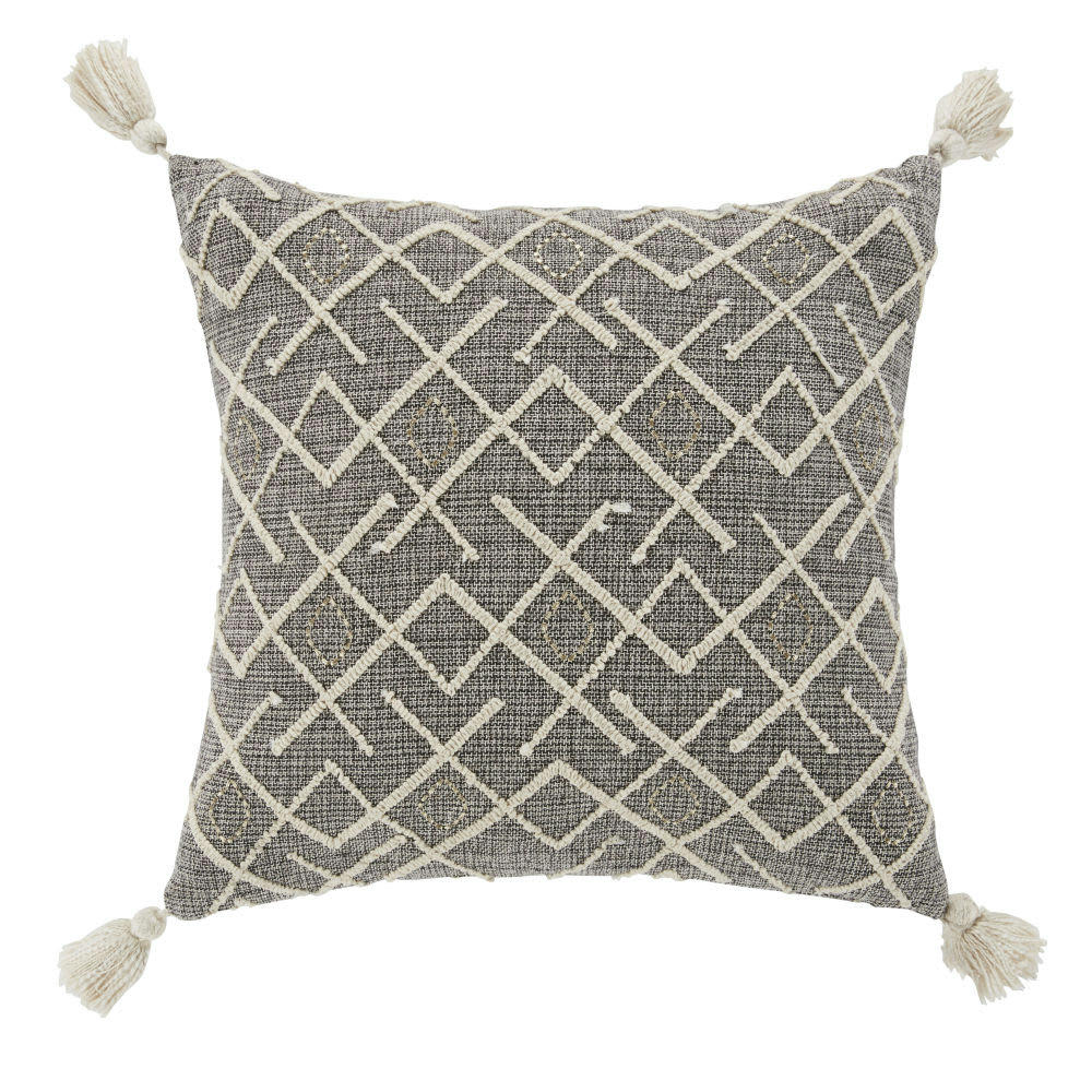 HABANA - Coussin en coton tissé gris motifs graphiques brodés écrus 45x45