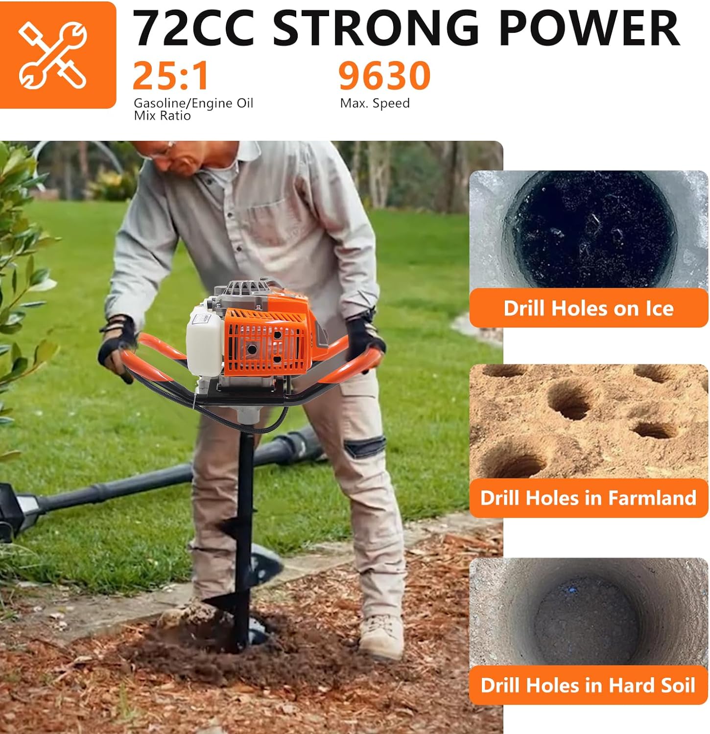 72CC Auger Post Hole Digger  2 Stroke Gas Powered Earth Post Hole Digger with 2 Auger Drill Bits(6 & 8) + 1 Extension Rods for Farm Garden Plant  Orange (72CC)