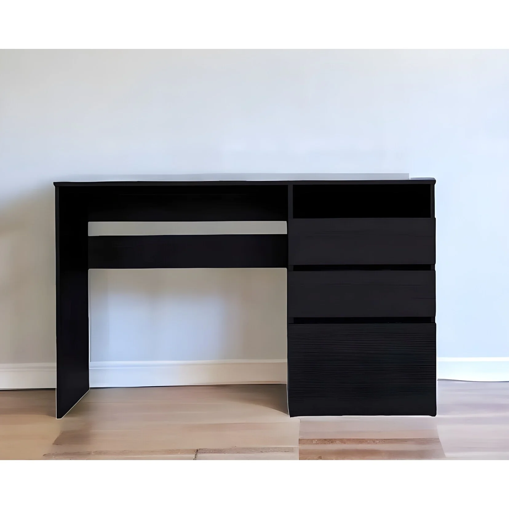 47 Modern Black Computer Desk with 3 Drawers, Bookcase & Glossy Finish
