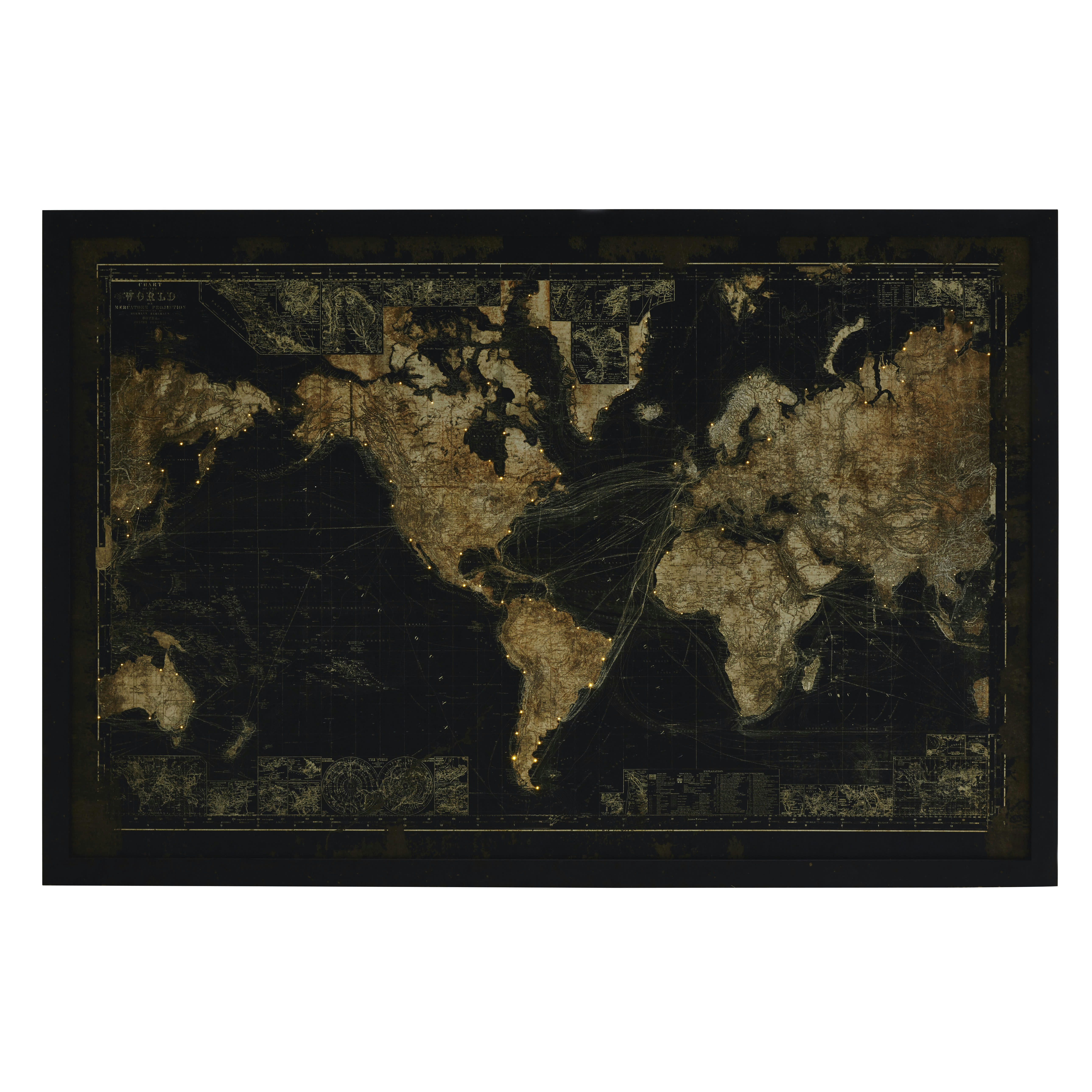 PRESCOTT - Tableau lumineux carte du monde noire 180x120