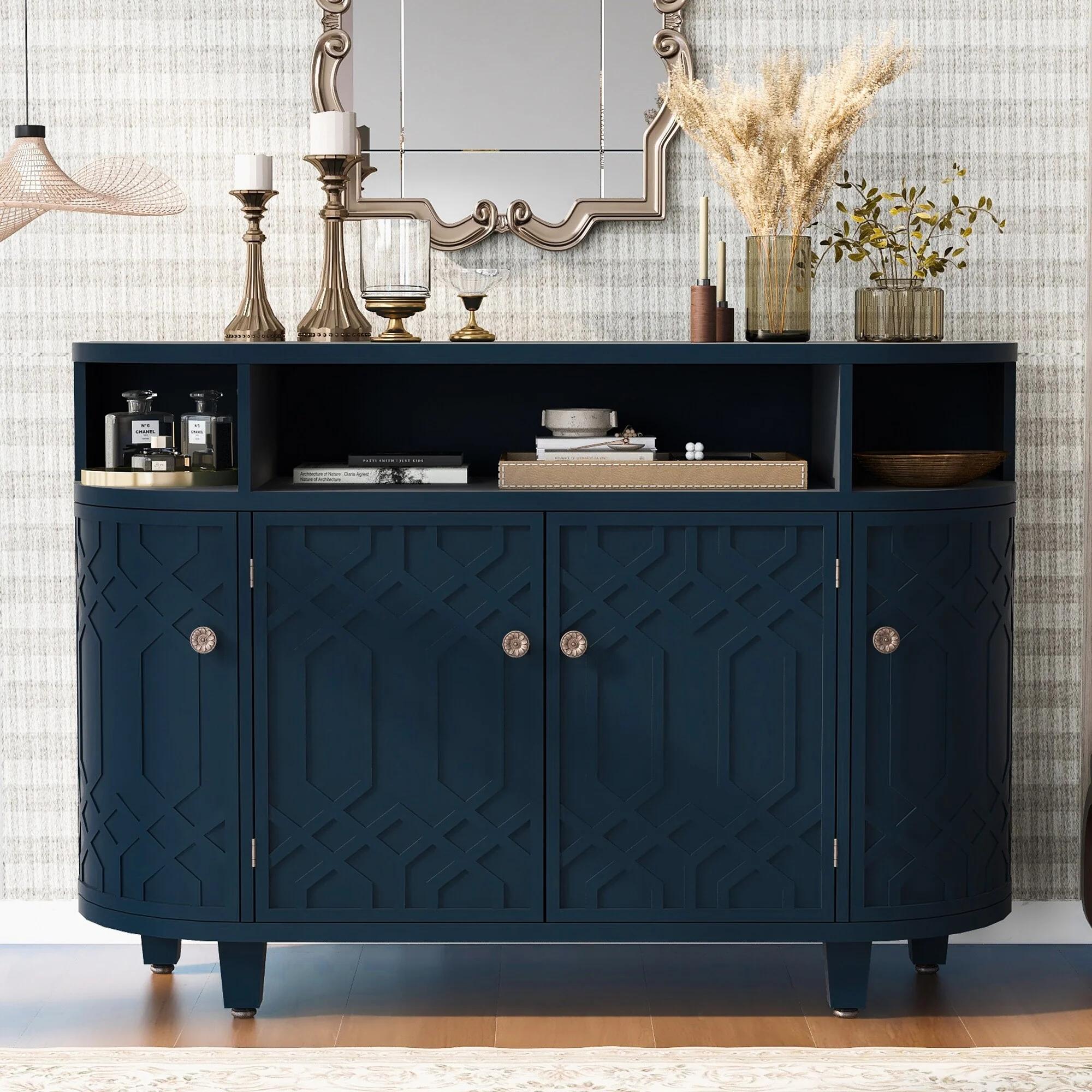 Accent Cabinet 48 Wooden Storage Sideboard Console Buffet Table Coffee Bar Cabinet with Doors & Adjustable Shelf