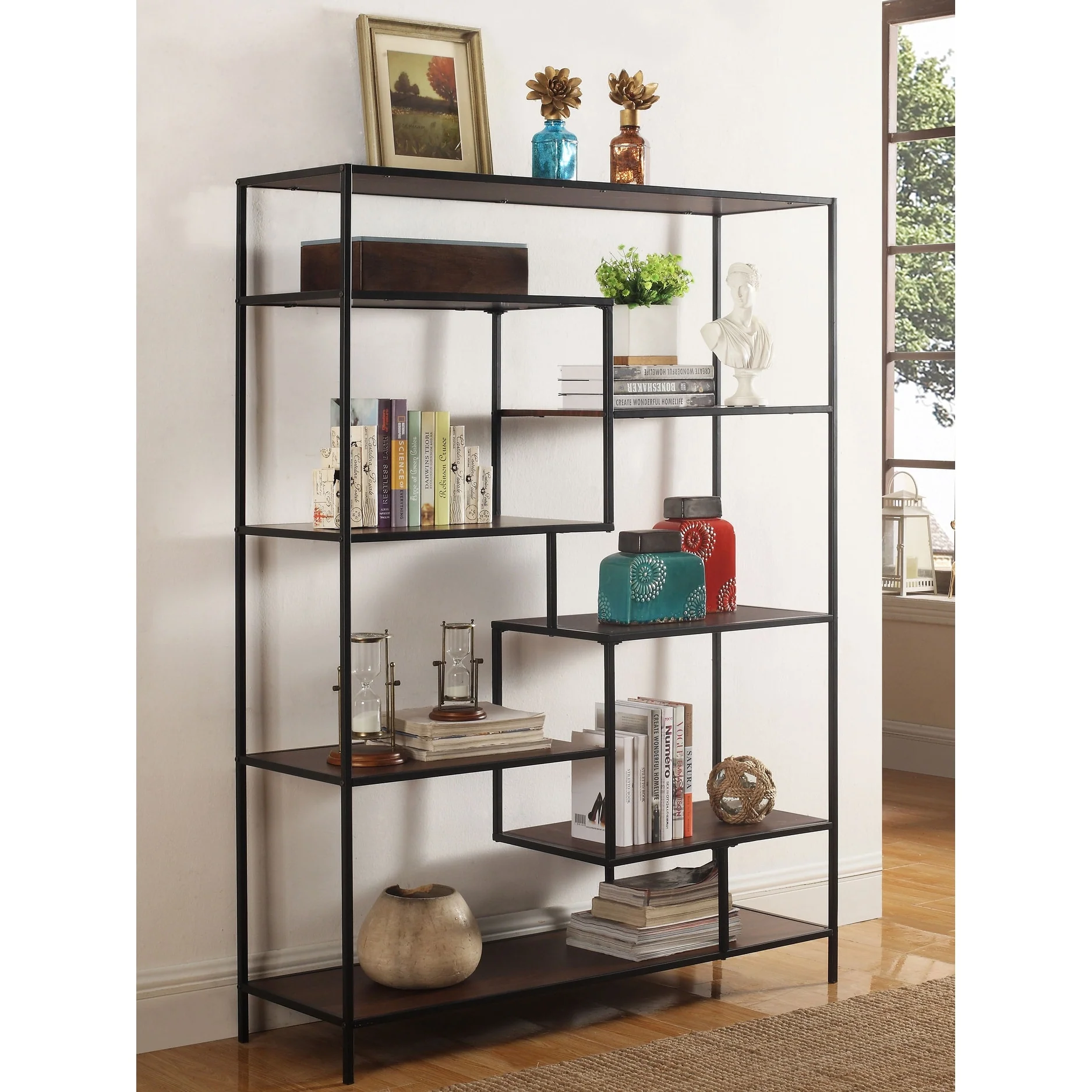 Asher Walnut 7-shelf Geometric Bookcase