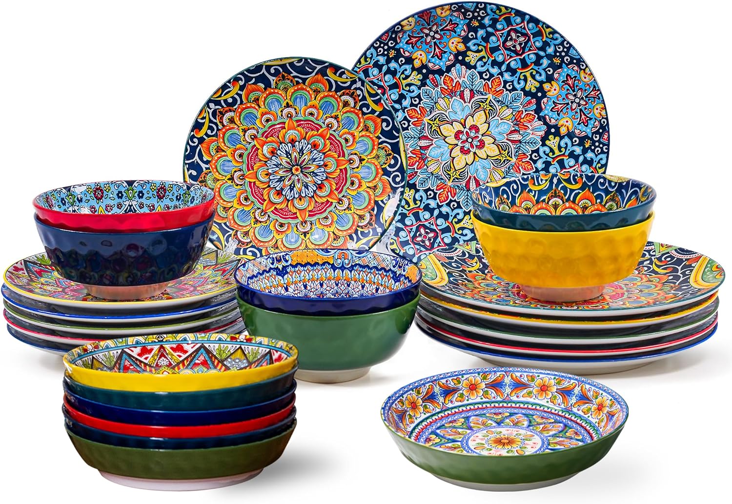 24 Pieces Dinnerware Sets, Ceramic Plates and Bowls Set, Microwave and Dishwasher Safe, Scratch Resistant, Bohemian Style Dishware Set, Service for 6