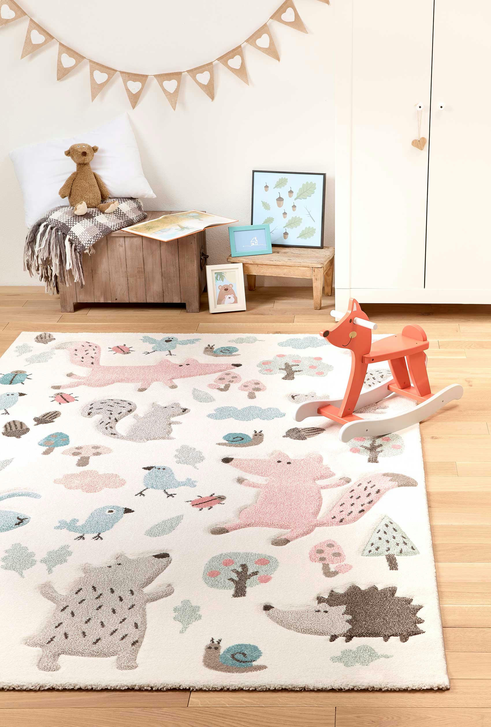 FOREST - Tapis enfant motif animaux forêt écru rose 200x290