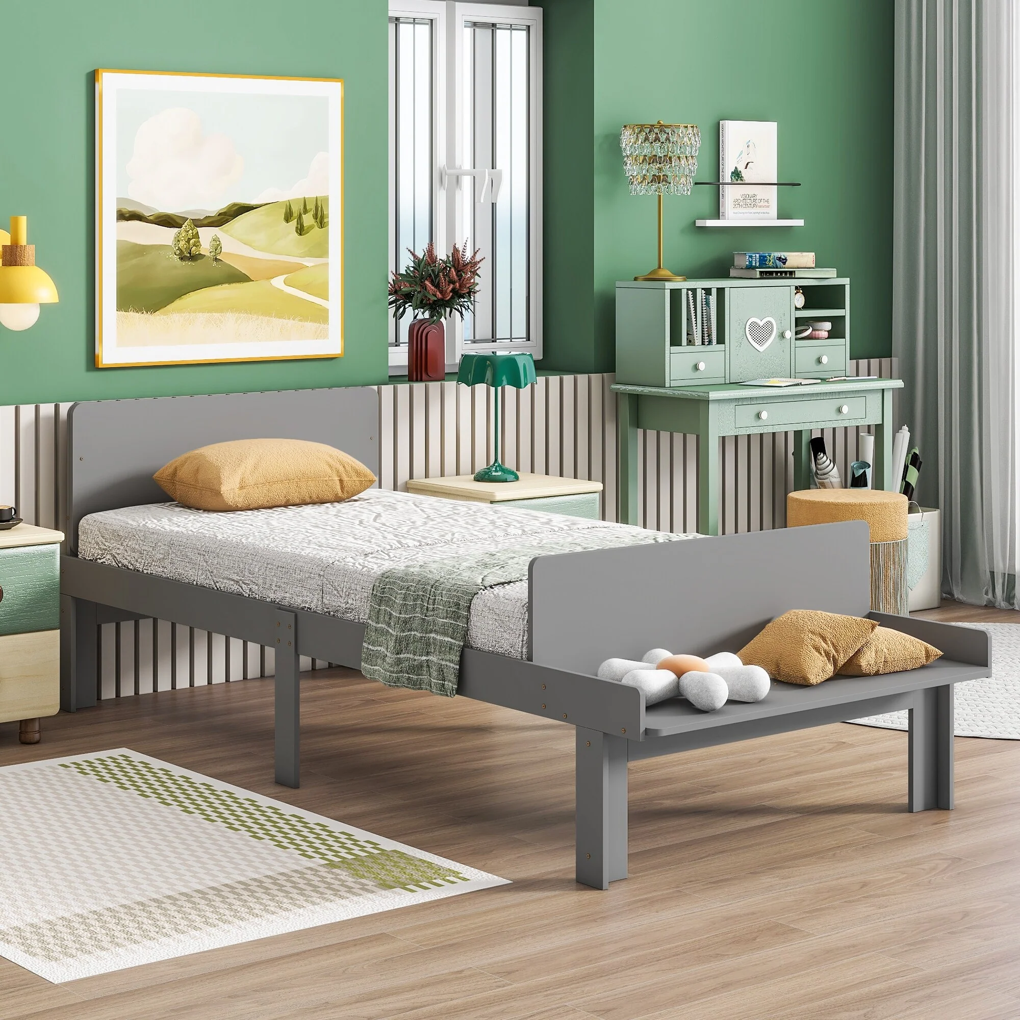Modern Twin Bed with Footboard Bench and Sturdy Wood Frame, Grey