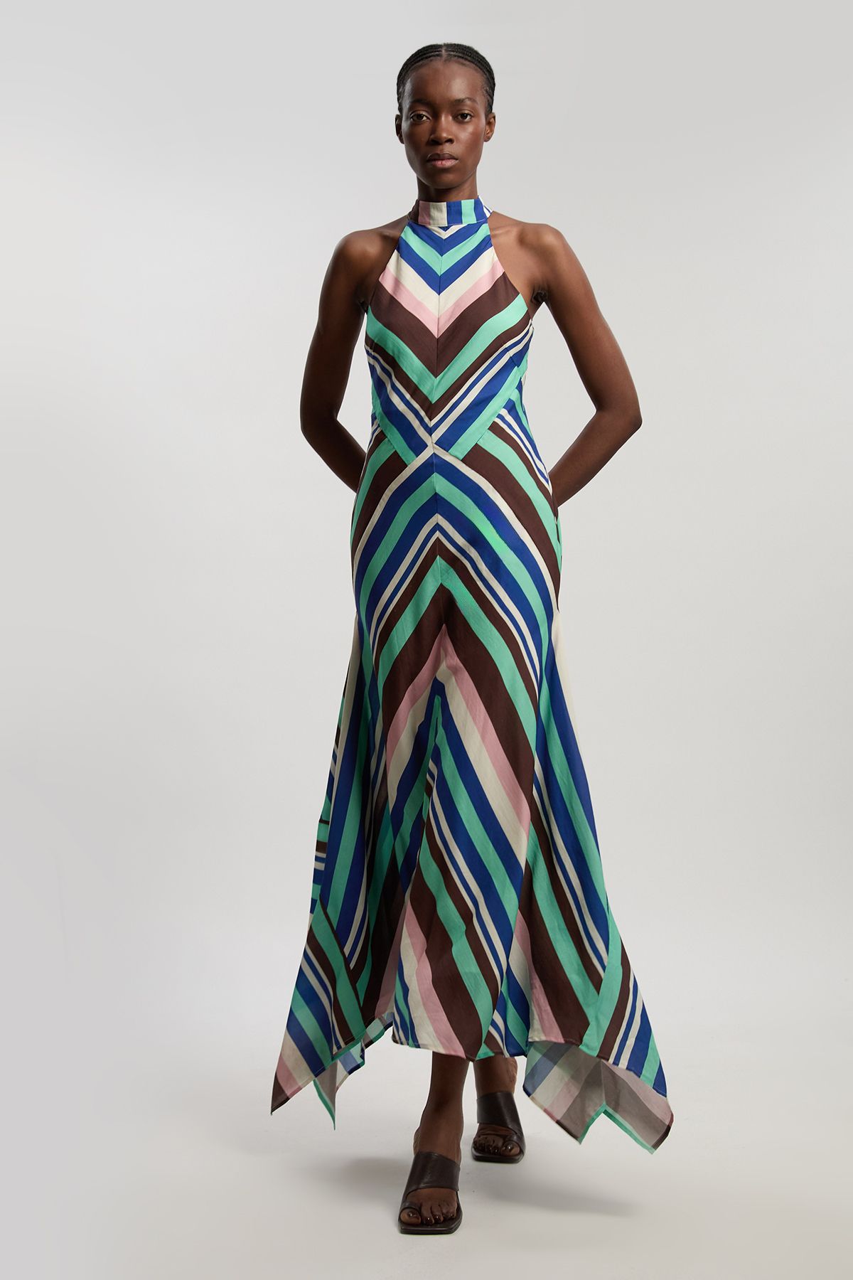 KarenMillen Petite Multi Fluid Stripe Cotton Mix Woven Halter Dress